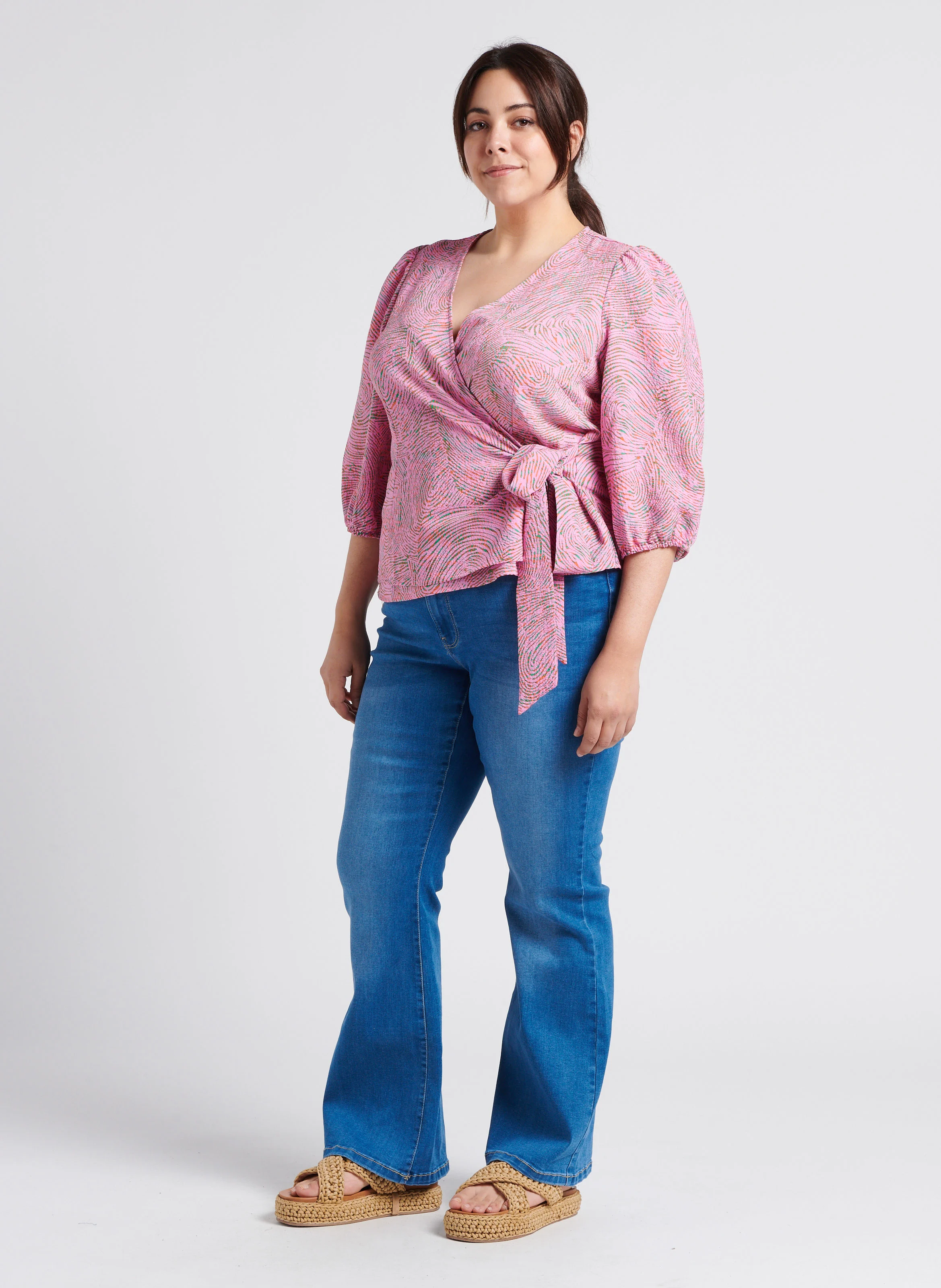 Jean flare denim délavé en coton mélangé| Jean Délavé