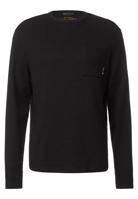 Waffelstruktur Langarmshirt - Black