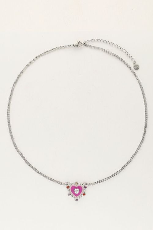Ketting met paarse hartjes bedel met gekleurde steentjes