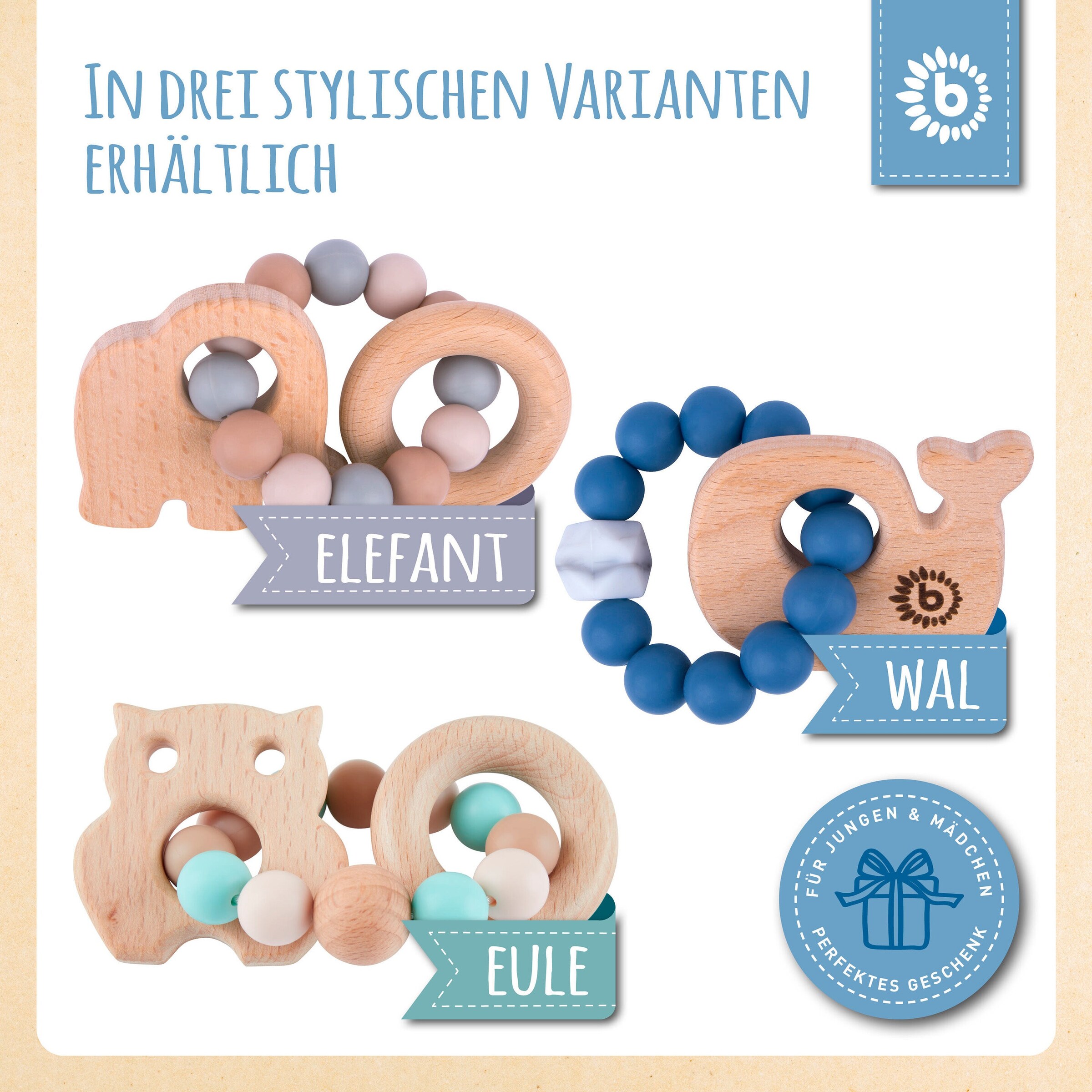 Bieco Beißring mit Silikon Perlen Blau Wal - ab Geburt Blau