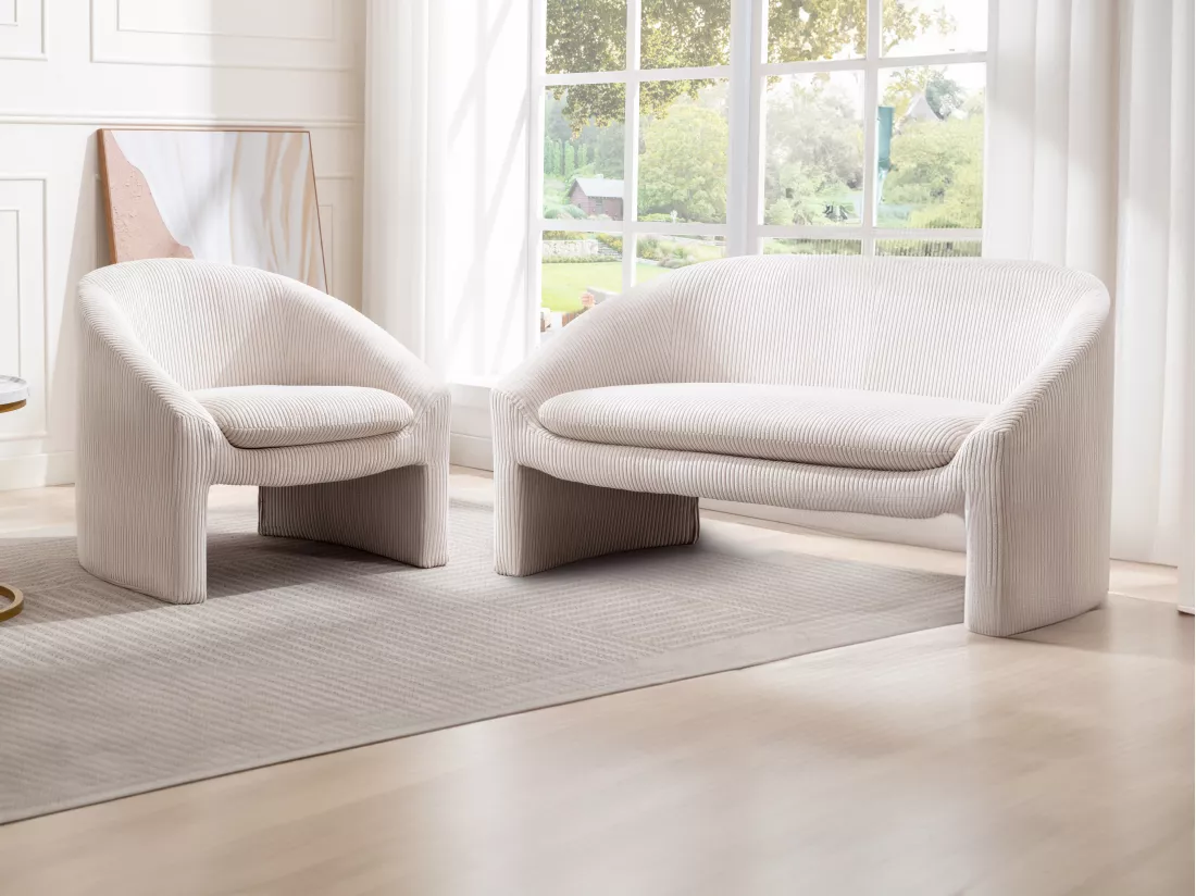 Canapé 2 places et fauteuil en velours côtelé crème OSSANA