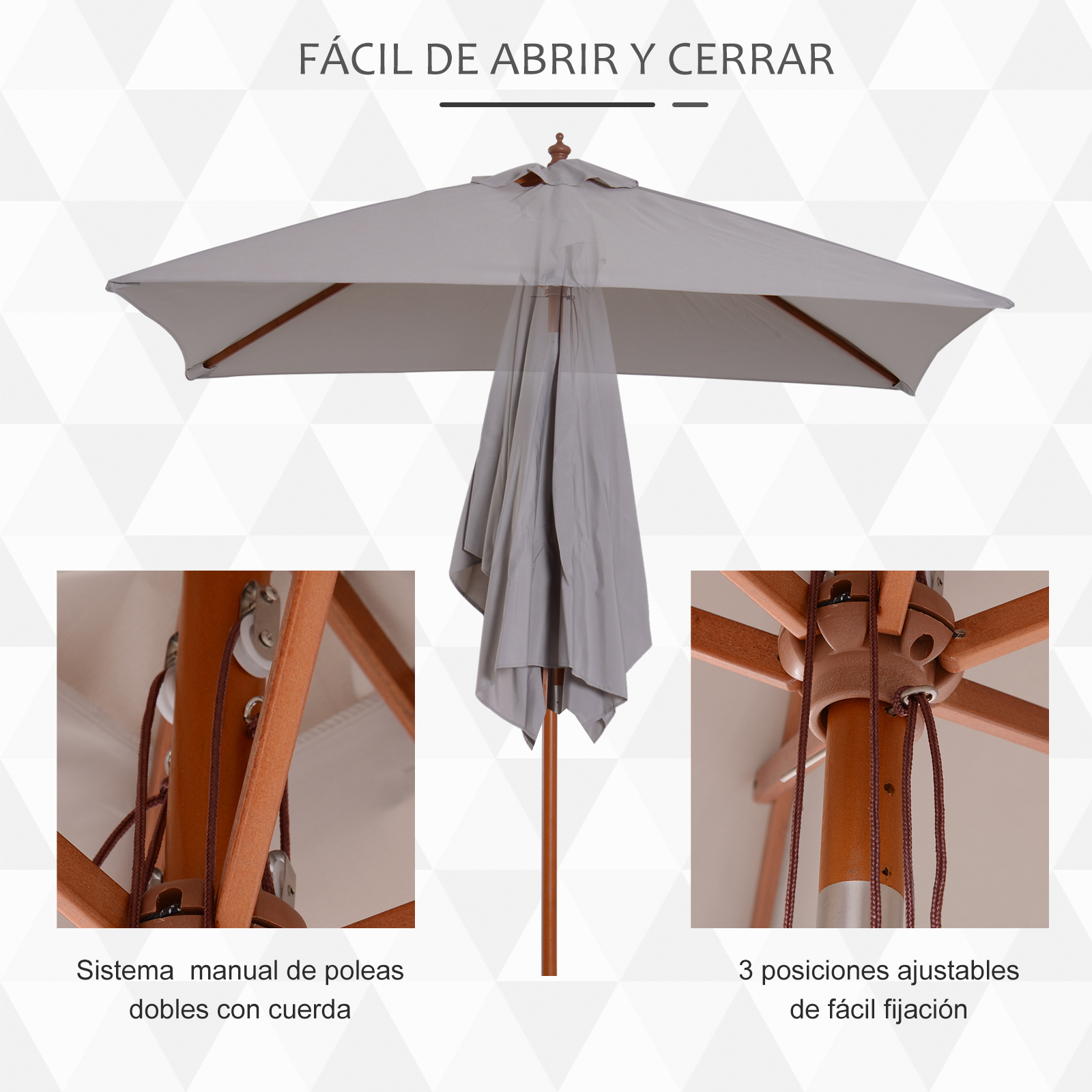 Guarda-sol de jardim retangular Outsunny 200x150x235 cm com ângulo ajustável, proteção UV, impermeável e haste de madeira para praia, pátio e uso externo, cinza.