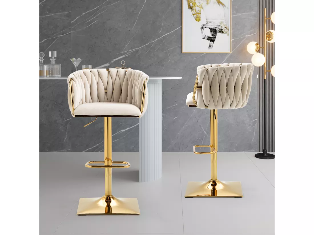 Lot de 2 tabourets de bar, pivotante, réglable en hauteur avec dossier et repose-pieds, pied en metal, 53x51x83-105cm, beige