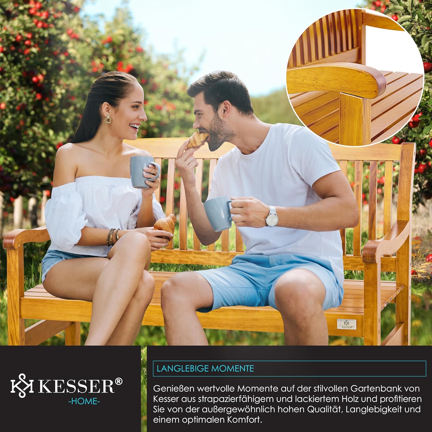 KESSER® Gartenbank Holz Holzbank wetterfest | Für 2 bis 3 Personen | Parkbank aus Massivholz | Sitzbank 320kg belastbar 125 cm | Balkonbank Bank für Balkon Terrasse & Garten inkl. Cover Hellbraun