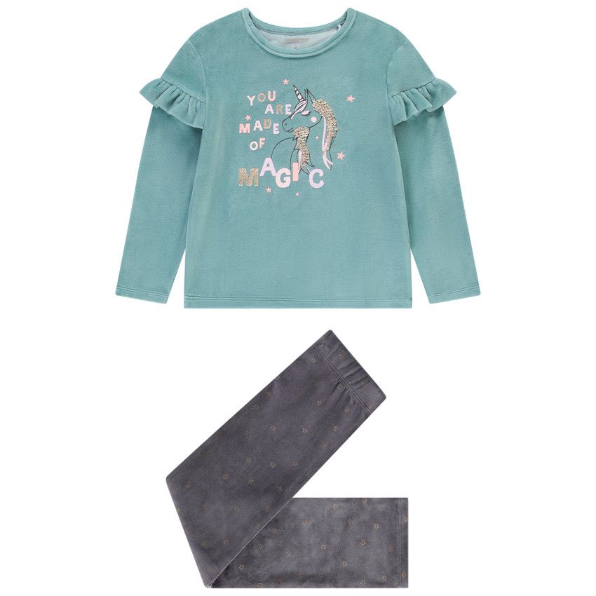 Pyjama en velours avec print fantaisie et sequins pour fille - Vert