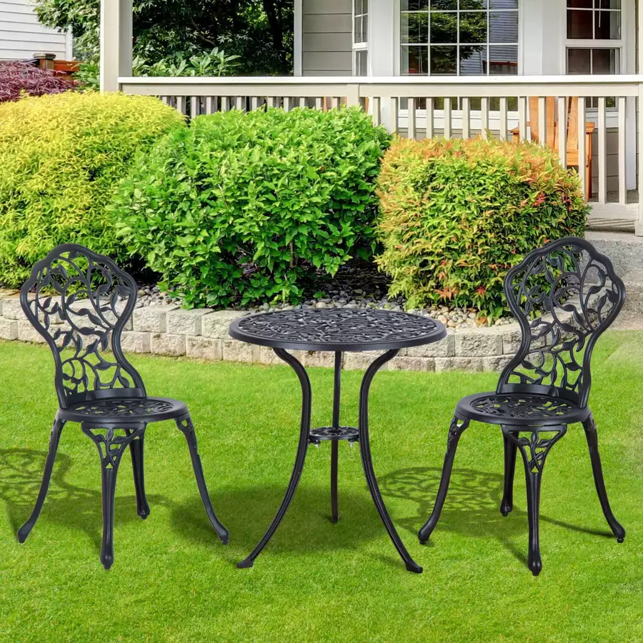 Outsunny Bistroset mit 2 Stühlen und Tisch mit Blätter-Design schwarz