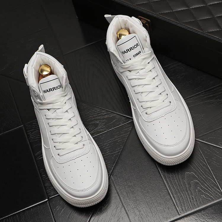 Mr Ozera - Platform Plain Lace-Up Faux Leather High Top Sneakers