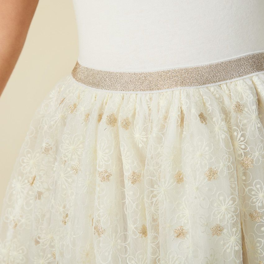Robe de cérémonie manches courtes effet 2 en 1 en tulle brodé pour fille - Ecru