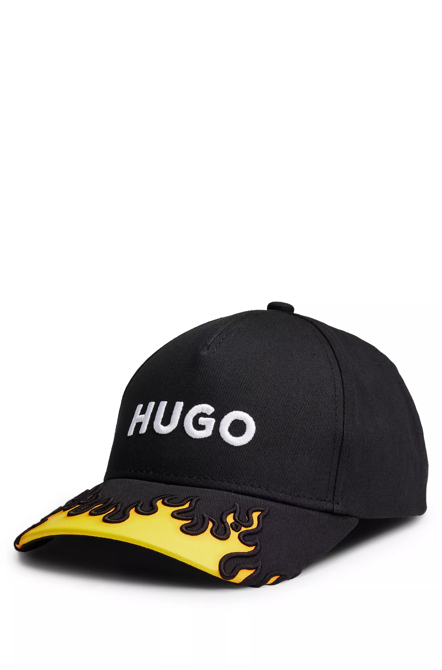 Boné HUGO em sarja de algodão vermelha com bordado de chama 3D e logotipo.