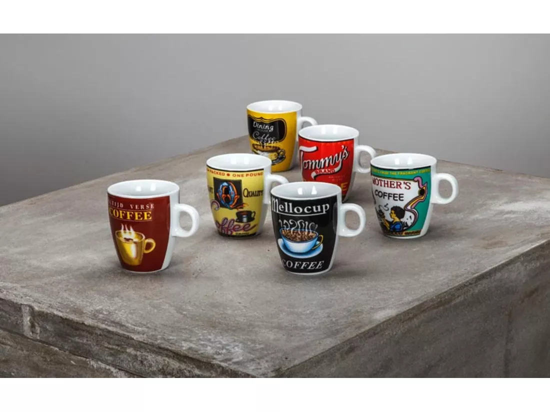 Novastyl - Lot 6 Tasses A Cafe Old School 20cl Porcelaine Decors Assortis