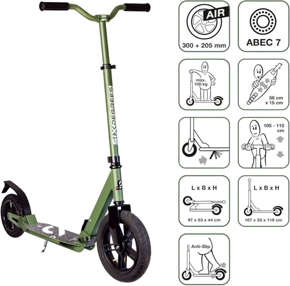SIX DEGREES Aluminium Scooter All Terrain 300/205 mm olivgrün