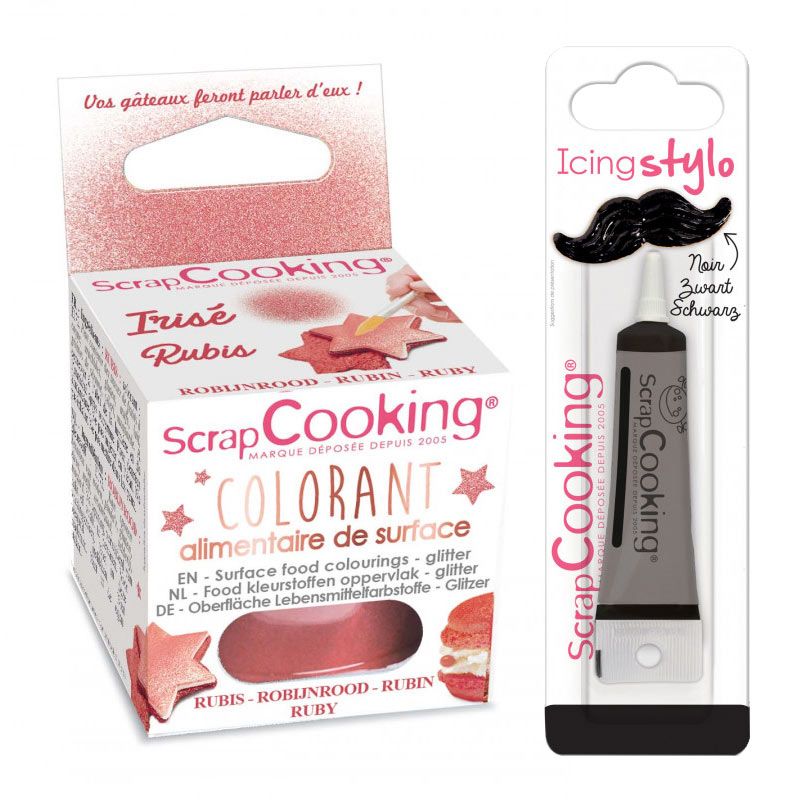 Colorant alimentaire en poudre Rubis + Stylo de glaçage noir Scrapcook