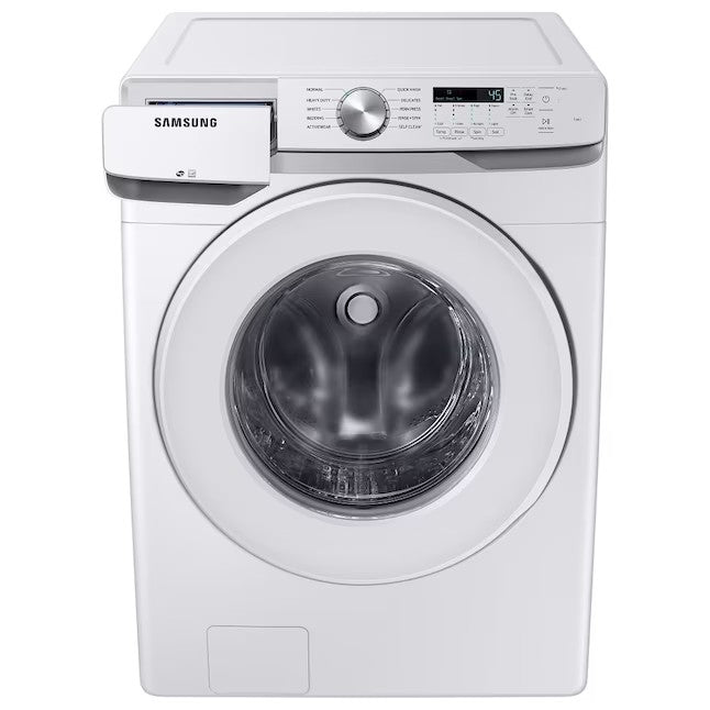 Lavadora de carregamento frontal empilhável de alta eficiência Samsung de 4,5 pés cúbicos (branca) com certificação ENERGY STAR.