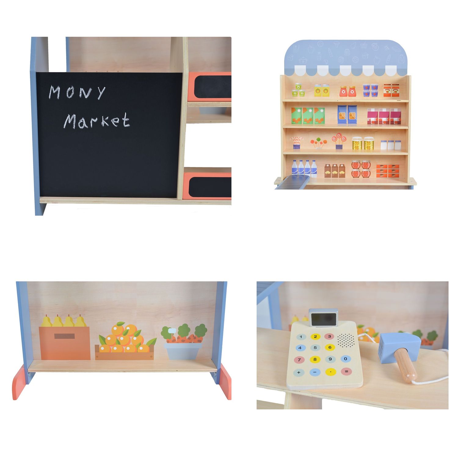 Moni Kinder Kaufladen 4426 Holz, Supermarkt, Tafel, Tasche, Kasse mit Scanner blau