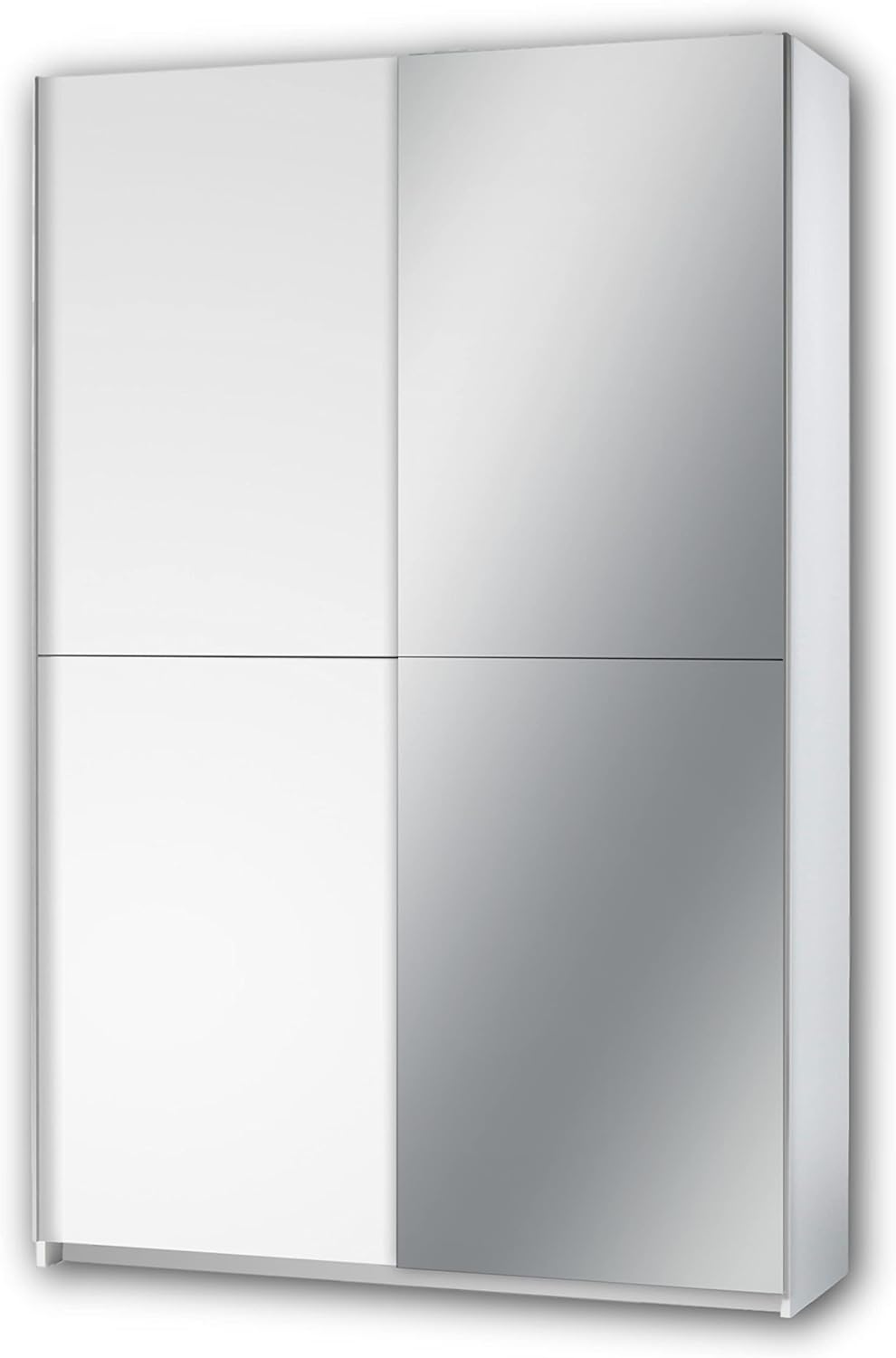 Stella Trading FAST Eleganter Kleiderschrank / Garderobenschrank mit Spiegeltür & viel Stauraum - Vielseitiger Schwebetürenschrank in weiß - 125 x 195 x 38 cm (B/H/T)