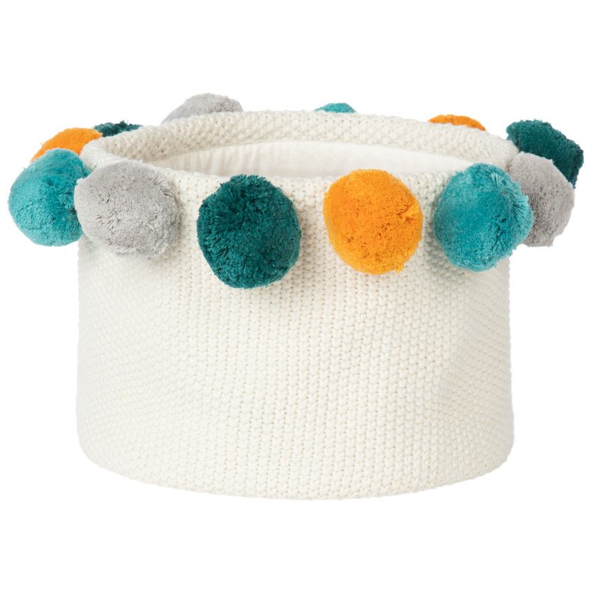 Panier de rangement tricoté en coton avec pompons - Ecru