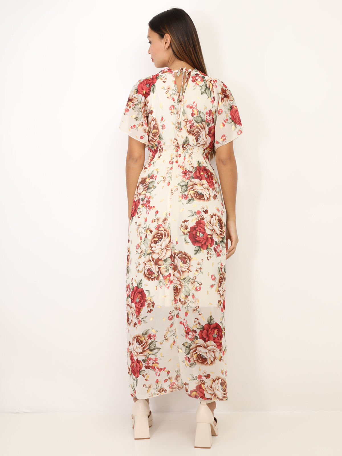 Robe longue cache cœur à fleurs- Beige