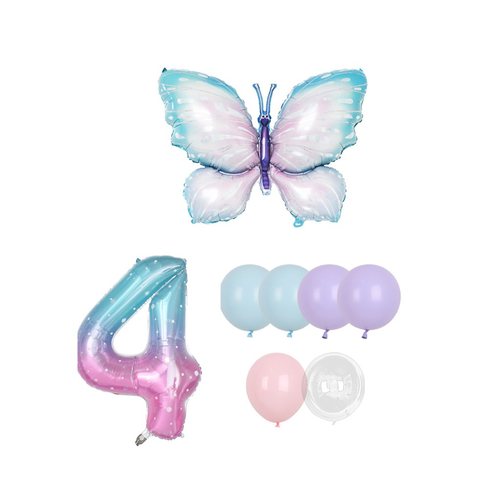 (8-tlg. Set) Zahlen Ballon Kinder Geburtstags Party Folienballon inkl. Latex Luftballon - Zahl 4 / Schmetterling