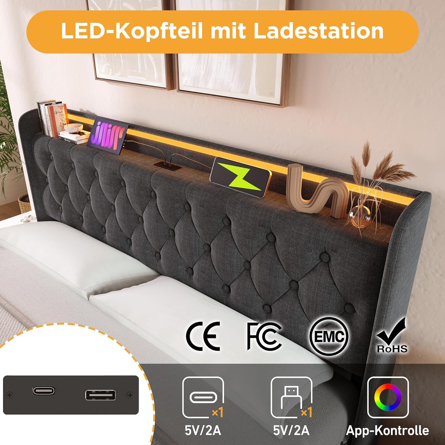 Polsterbett Doppelbett 180x200, LED Jugendbett Hydraulisch Stauraumbett Funktionsbett Bettgestell mit Stauraum & Lattenrost, Kopfteil mit USB Typ-C Ladefunktion & Staufach, Leinen, Ohne Matratze, Grau
