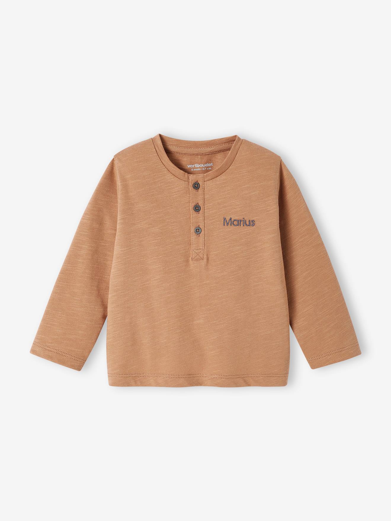 Camiseta personalizável para bebê menino, com gola tunisiana e mangas compridas, lisa, bege claro.