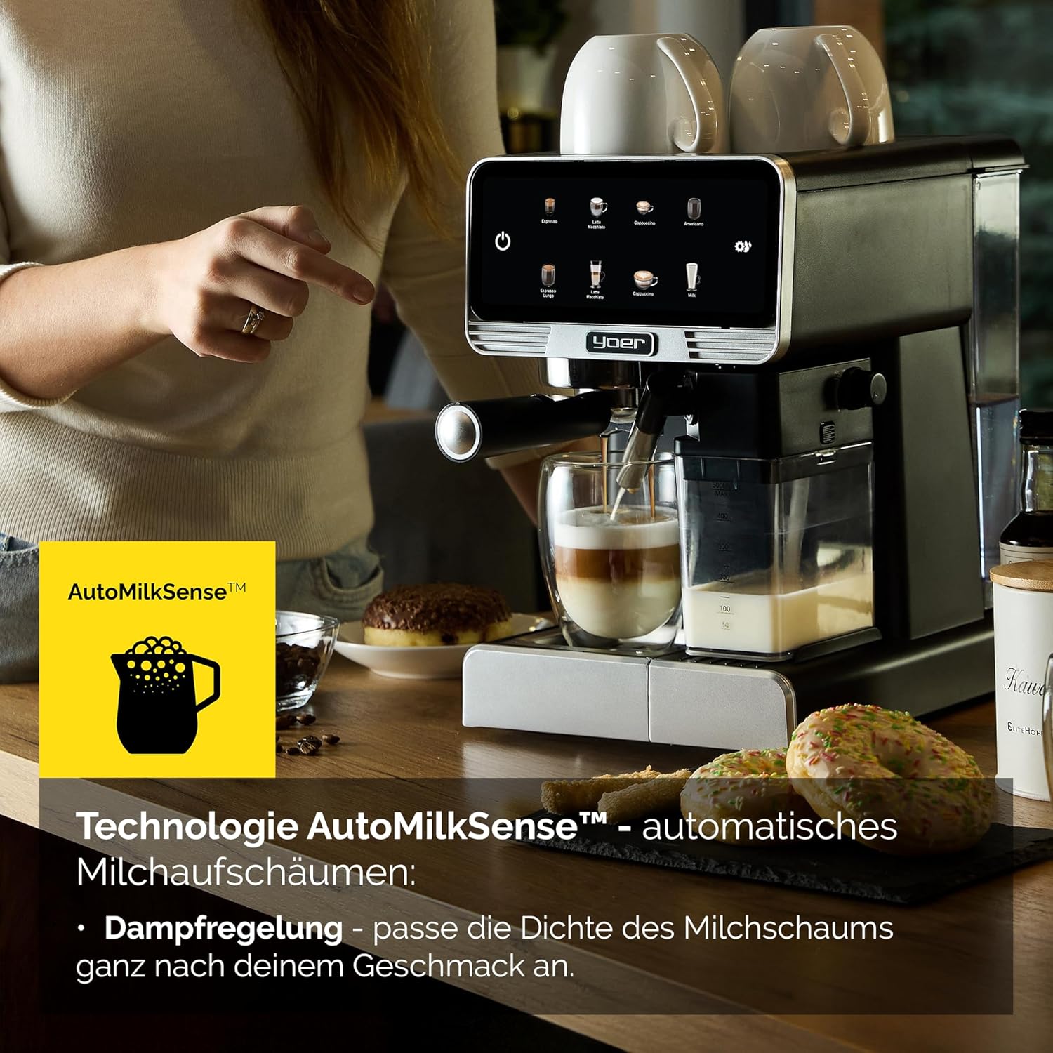 YOER Kaffeevollautomat mit automatischer Milchaufschäumer, 6 Kaffeespezialitäten, Touchscreen, 20 bar, 1350W, Kaffeemaschine für Espresso, Cappuccino & Latte Macchiato, Creamo EMF03BK, schwarz