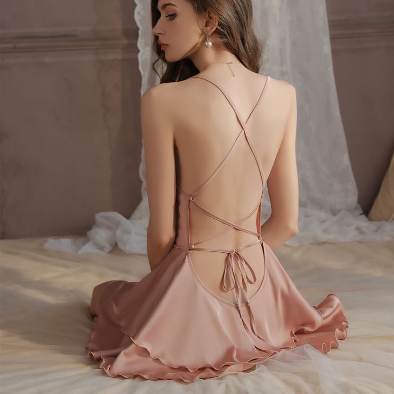 Sweetzer - Halter coltrui effen gelaagde open rug nachtjapon / pyjamajas / set