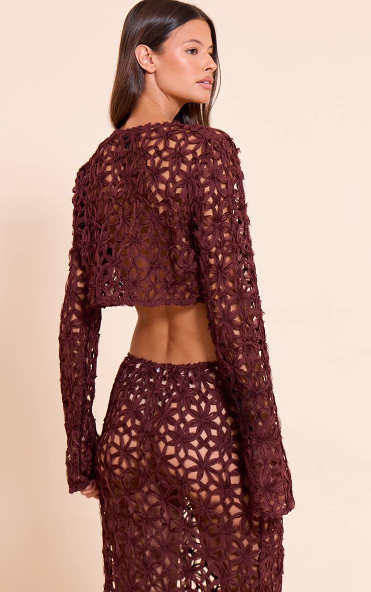 Marron Foncé Ensemble Haut Court Boutonné À Fleurs Texturées