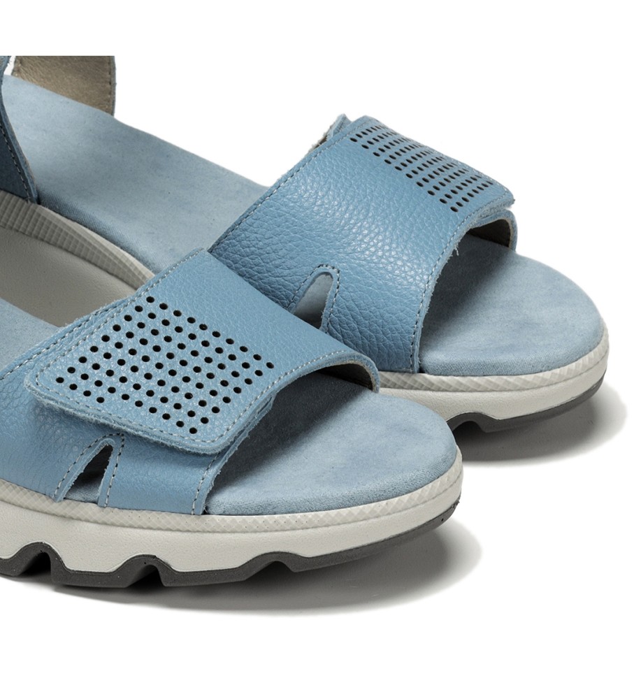 Sandálias Dorking by Fluchos Lais D9025 em couro azul - Salto plataforma de 6 cm -