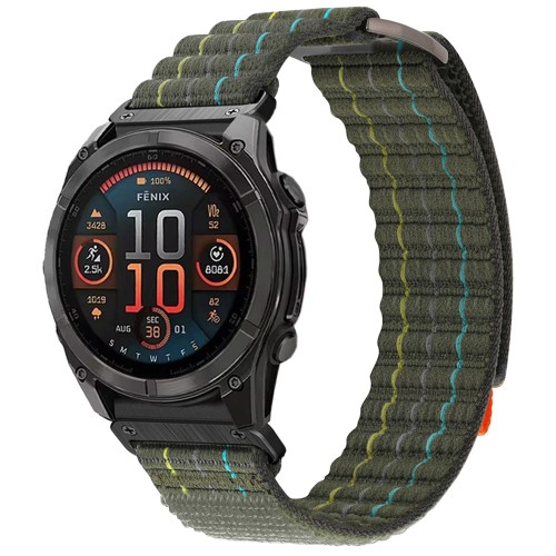 Garmin Fenix 8 (51mm) Nylon Quickfit Armband mit Klettverschluss (Gelenkumfang: 160-220 mm) - Dunkelgrün / Orange