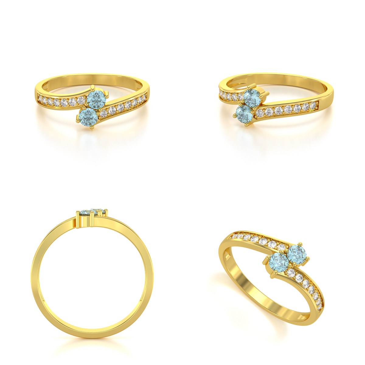 Bague ADEN Or 585 Jaune Duo Aigue-Marine et diamants 2.15grs