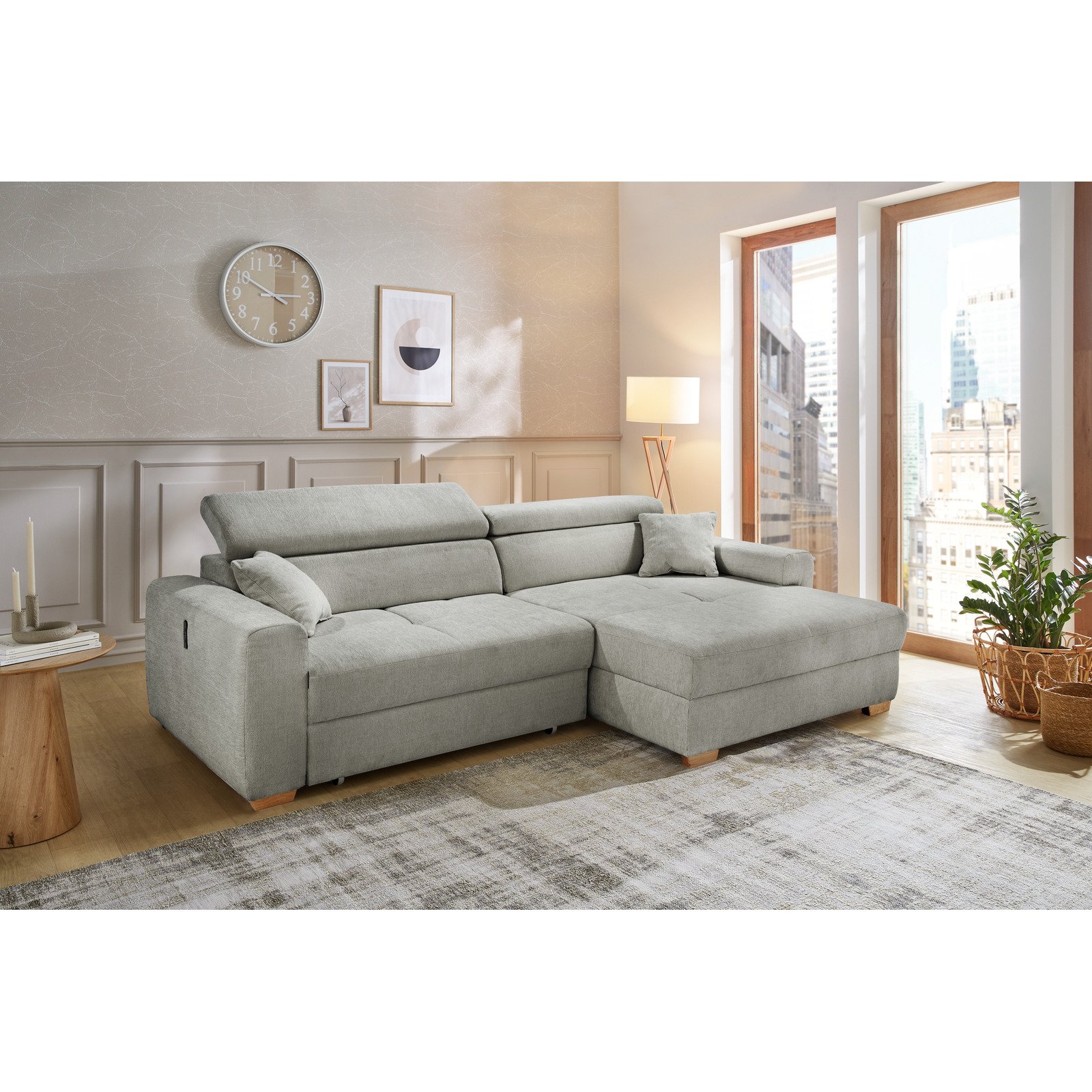 Ecksofa Track Stoff grau mit elektrischer Vorziehbank