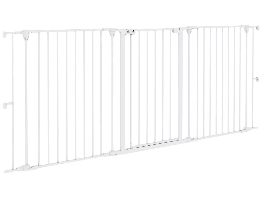 Barrière de sécurité pliable pour chien - 3 panneaux, porte verrouillable - dim. 206L x 90H cm - acier PP blanc