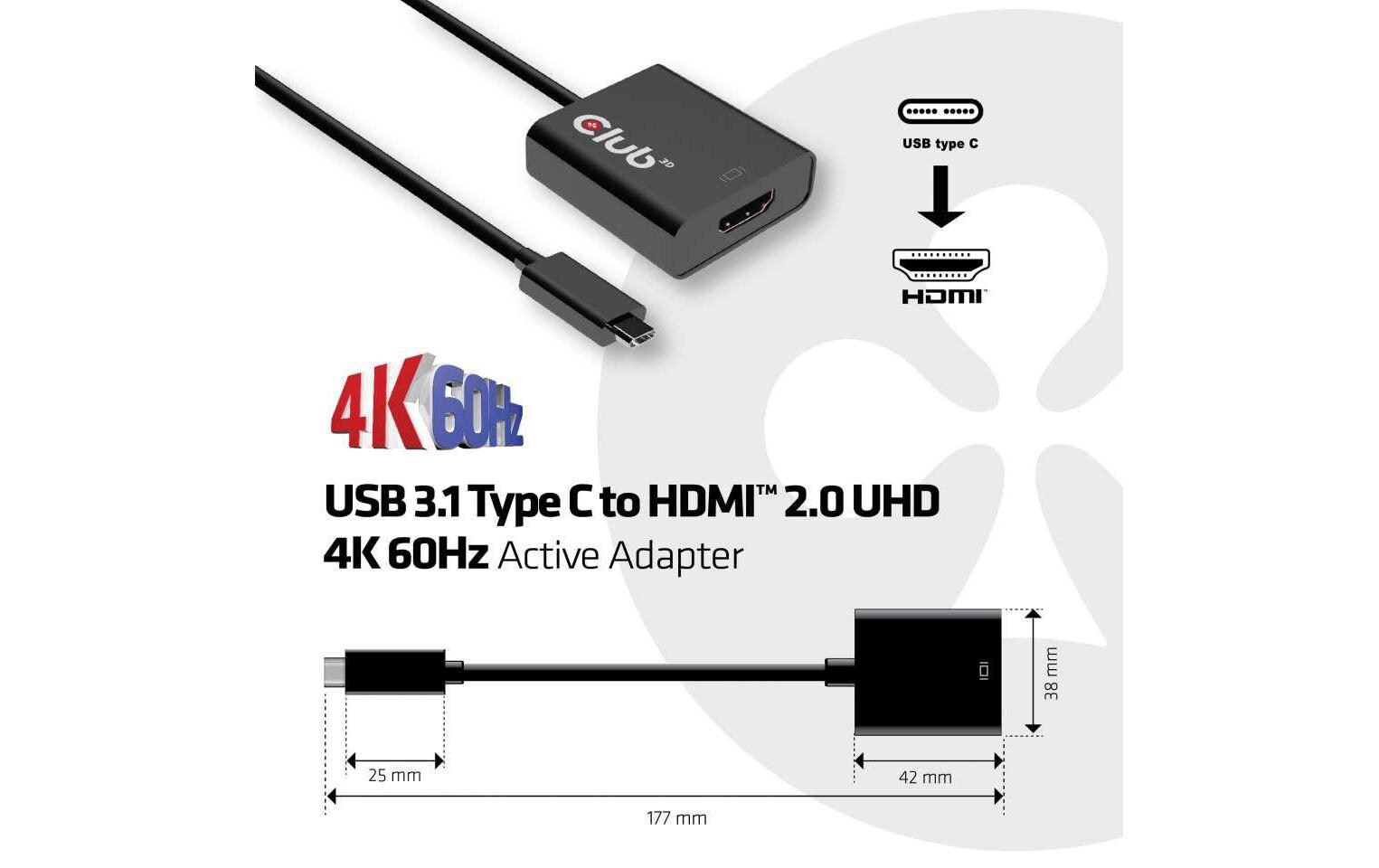 Adapter USB 3.1 Type-C - HDMI 2.0 UHD 4K60Hz, AktivAktiver USB 3.1 Type C auf HDMI 2.0 Adapter, UHD 4K 60Hz