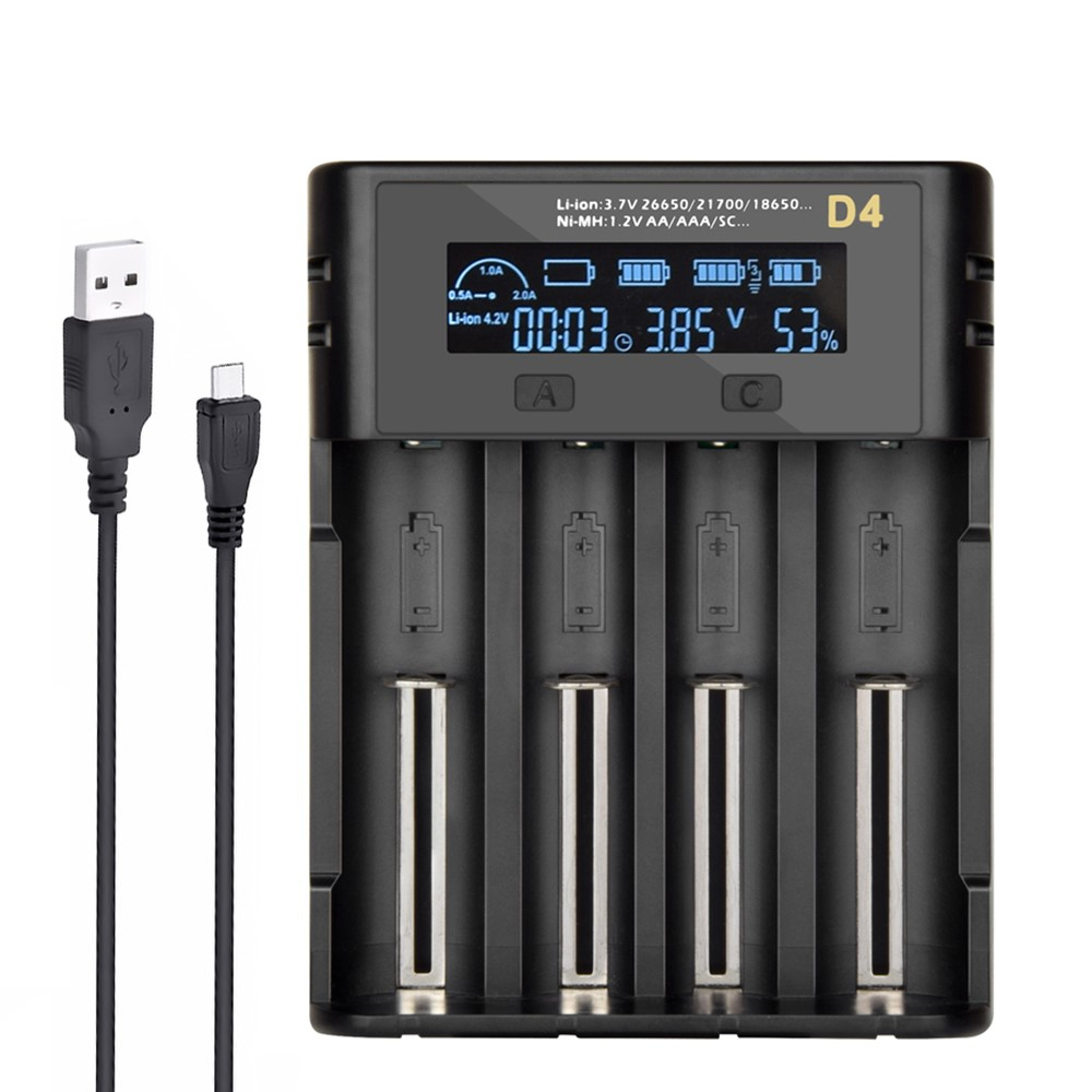 4-fach USB Batterieladegerät Akkuladegerät mit LCD Display für Li-Ion-Akkus AA / AAA / 18650 - Schwarz