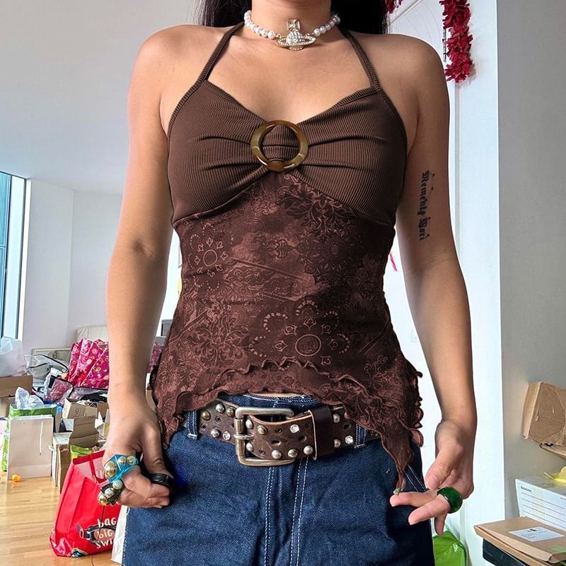 Honet - Haltertop met metalen ringpatroonprint, open rug en crop top
