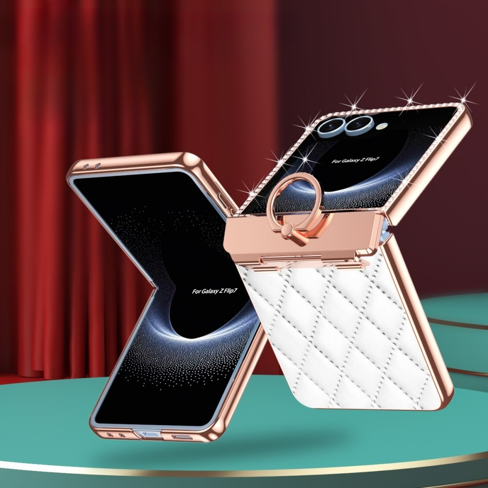 Samsung Galaxy Z Flip7 Hardcase Hülle Finger Griff Ring Halterung Glitzer Design   Scharnier Design - Weiss / Roségold