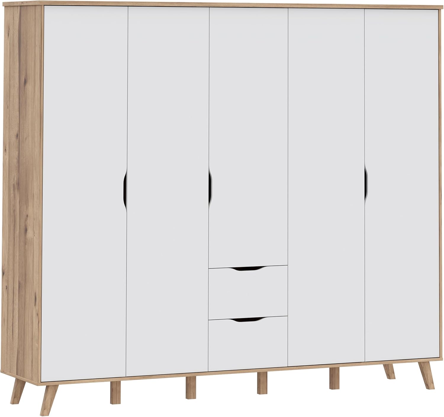 Forte VANKKA Kleiderschrank 230, Skandi Schrank mit 5 Drehtüren und 2 Schubladen, Filigrane Möbelbeine, Holzwerkstoff, Planked Eiche Holzdekor | Weiß, 228,8 cm breit x 201,5 cm hoch x 52,7 cm tief