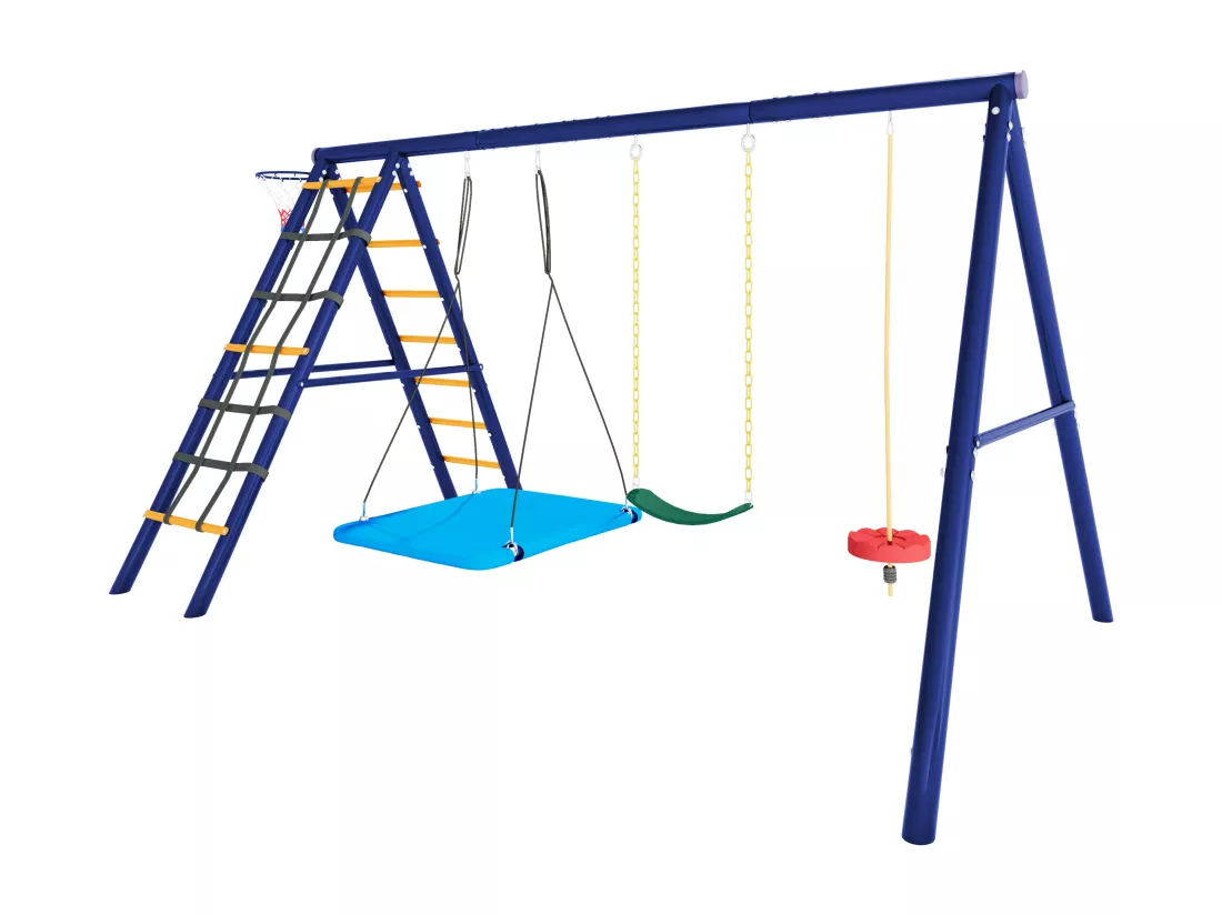 Ensemble de jeux extérieur multifonctionnel pour enfants – 3 balançoires, toboggan, panier de basket, structure d'escalade, balançoire suspendue et cordes