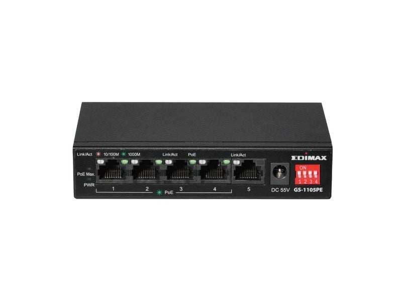 Edimax PoE  Switch GS-1105PE 5 Port 5-Port Gigabit PoE -Switch für Langstrecken mit 4 PoE -Ports und DIP-Schalter