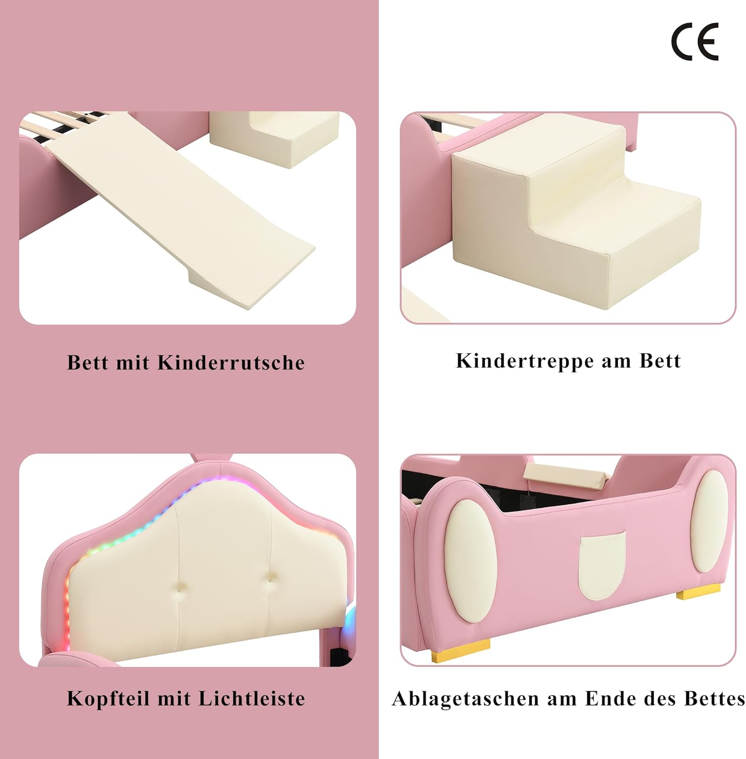 Polsterbett, Crown Cartoon Bett mit mehrfarbigem Multi-Mode-LED-Streifen, Kinderbett mit Kleiner Rutsche und Treppe, mit schützenden weichen Kanten, mit Holzlatten, PU, Rosa + Beige, 90x200cm