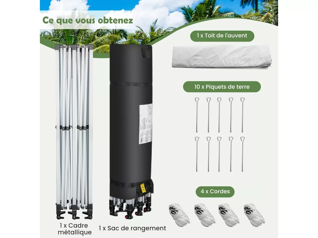Tonnelle de Jardin Instantanée Portable 3Mx6M, Auvent Pliable Camping Imperméable Anti-UV SFP +50 avec Roues et Sac Disponibles, pour 16-20 Personnes