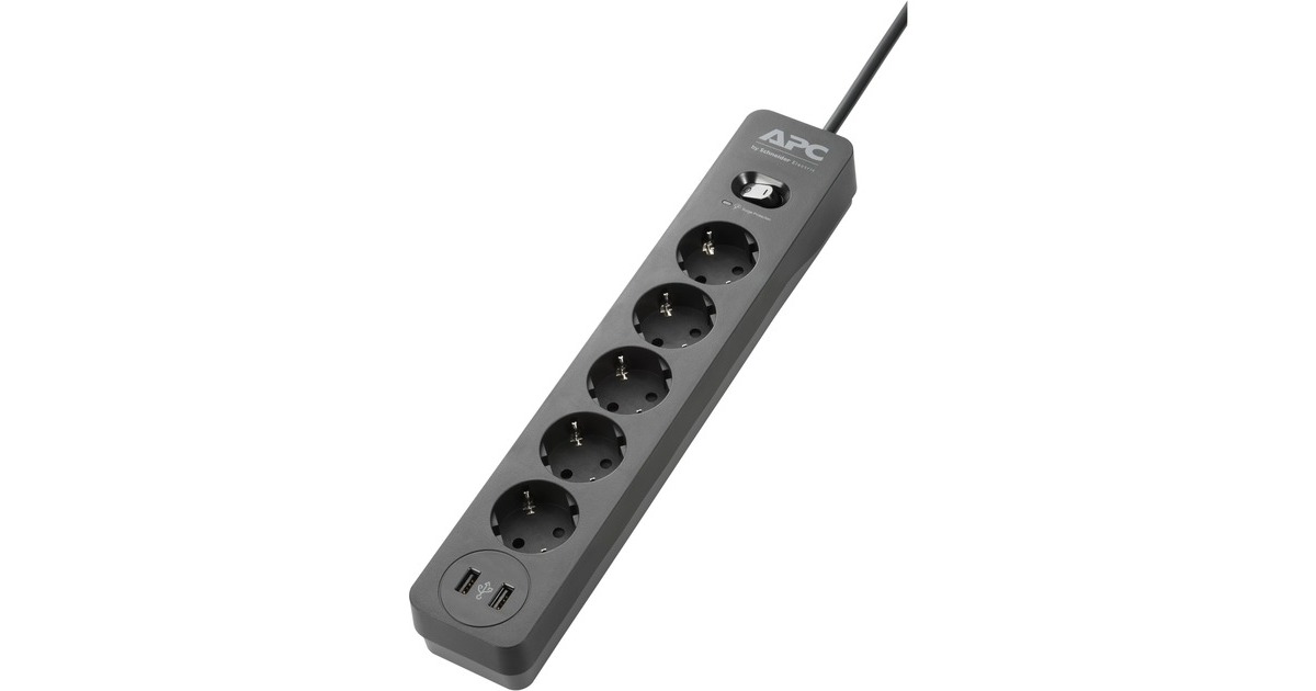APCPME5U2B-GR stekkerdoos met overspanningsbeveiliging stekkerdoos  (Zwart, 5x stopcontact + 2x USB Surge lader)