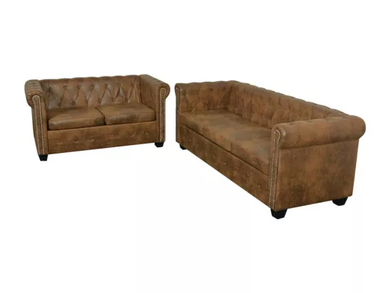 Ensemble de canapé Chesterfield à 2 et 3 places marron