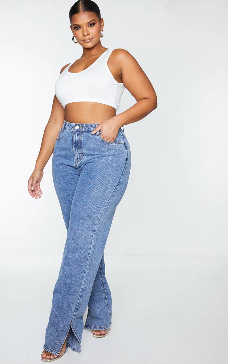 Délavage Vintage Jean Grande Taille À Ourlet Fendu