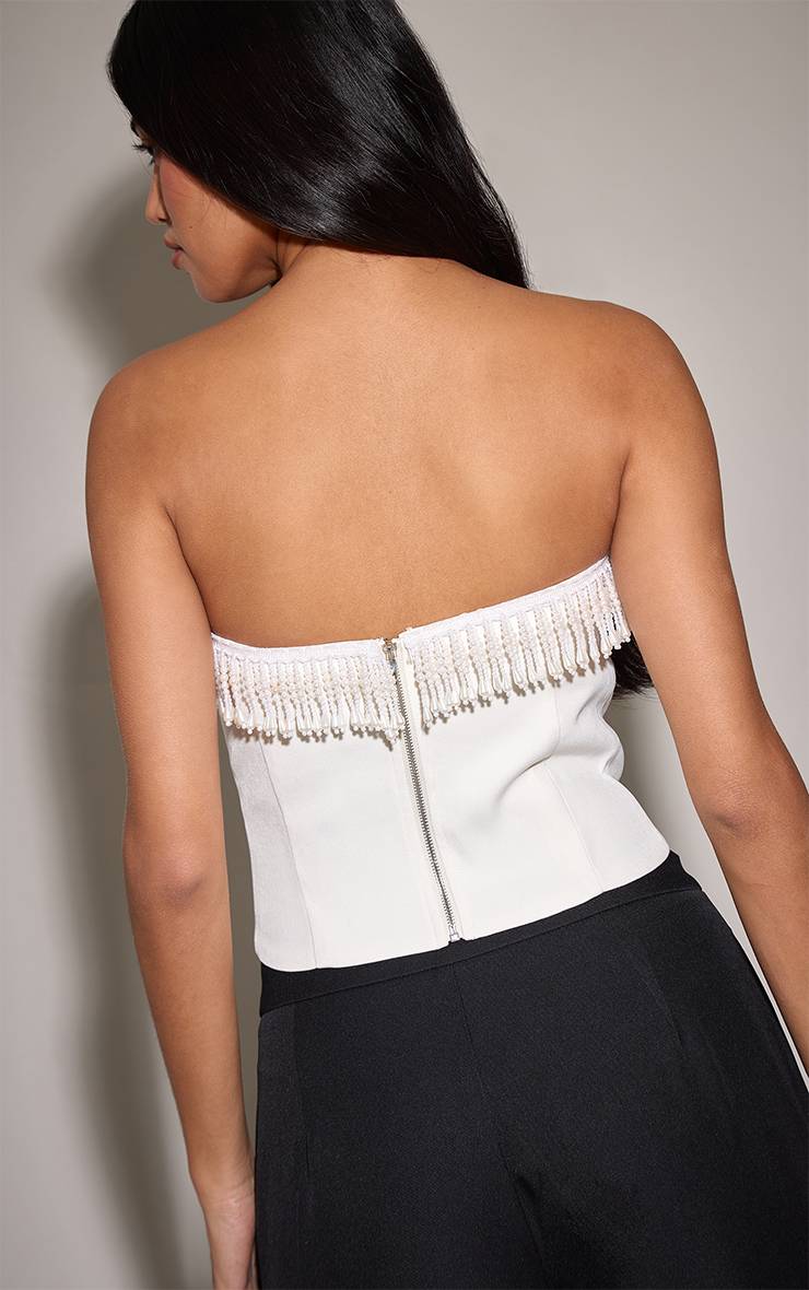 Crème Corset Bustier À Baleines Avec Franges De Perles