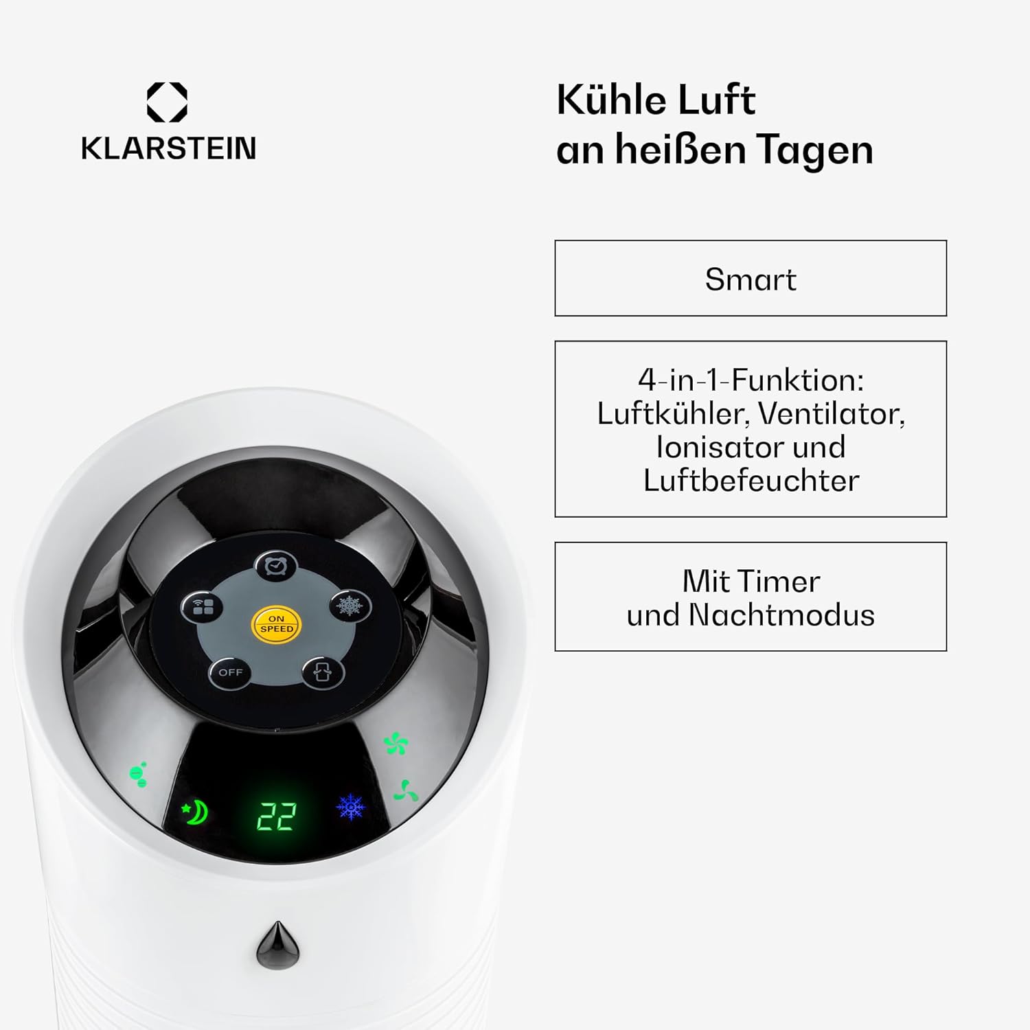 Klarstein 4-in-1: Smart Luftkühler, Ventilator, Luftbefeuchter & Ionisation I 6 L Wassertank, Oszillation, 30 W, 210 m³/h, Timer I Klimagerät ohne Abluftschlauch, Mobiles Klimagerät, Weiß