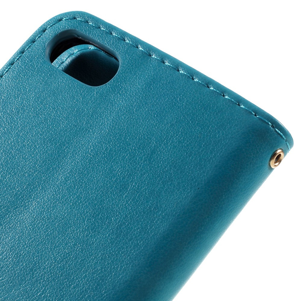 iPhone SE (2022/2020) / 8 / 7 Leder Tasche mit Kartenfach   Handschlaufe Butterfly Flowers - Blau