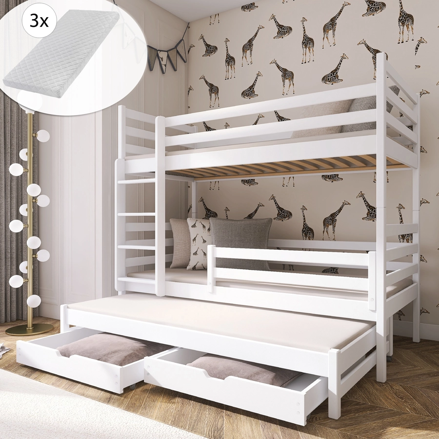 Kids Collective Hochbett 90x200 mit Ausziehbett Etagenbett mit Ausziehfunktion, Schubladen weiß mit 3 Matratzen