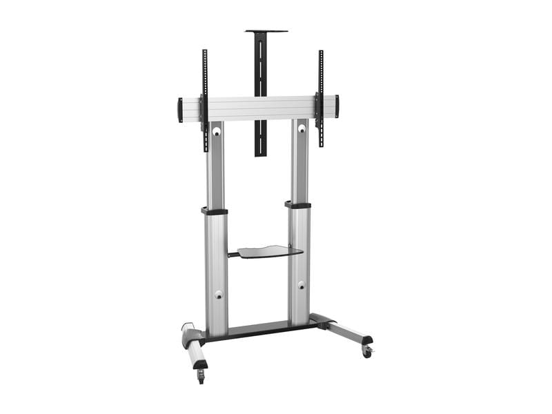 PureMounts TV-Trolley PDS-0011C Schwarz/Silber Rollbare Standhalterung mit Regalboden für Flachbildschirme von 55