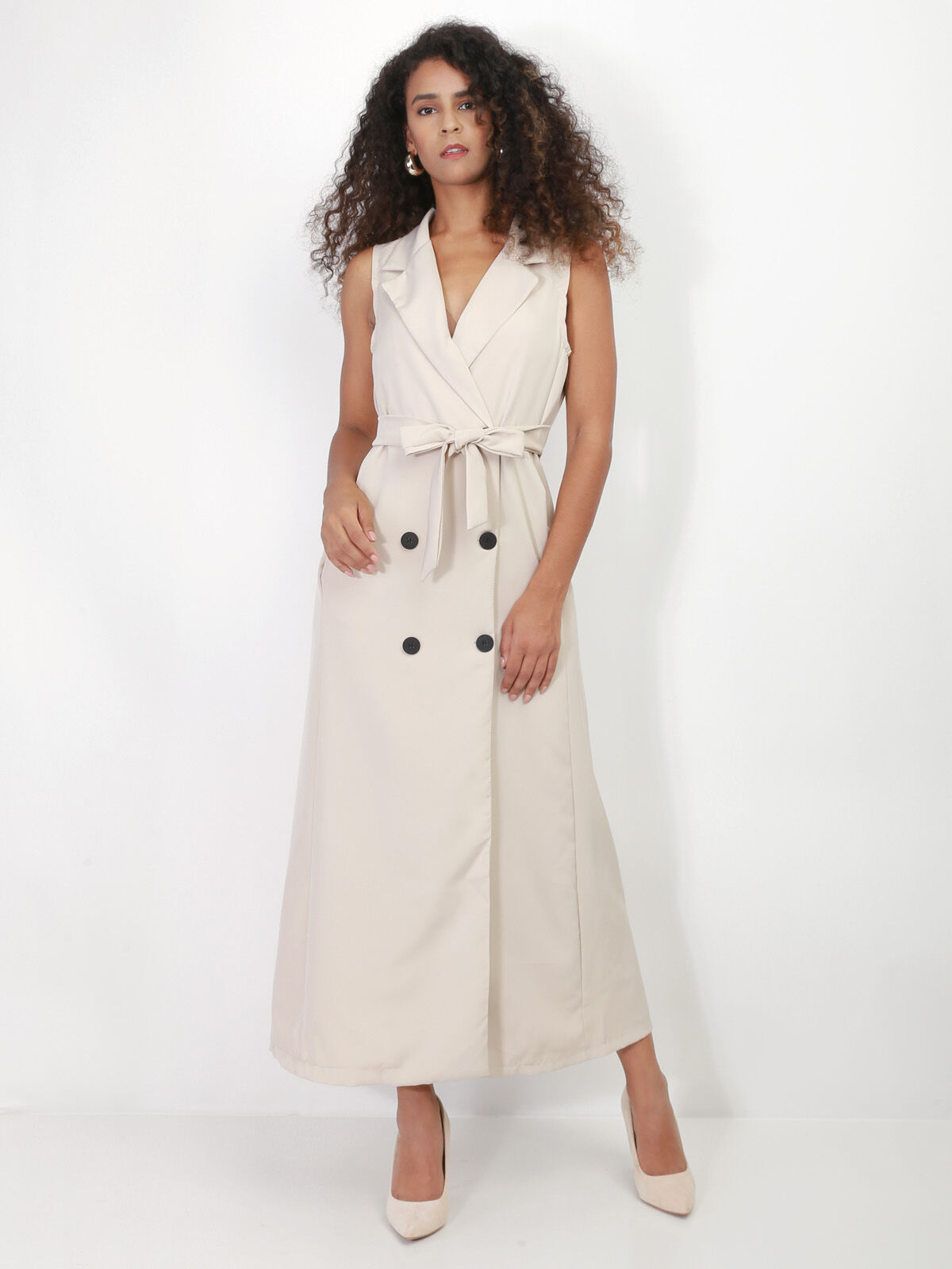 Robe longue style blazer à nouer- Beige
